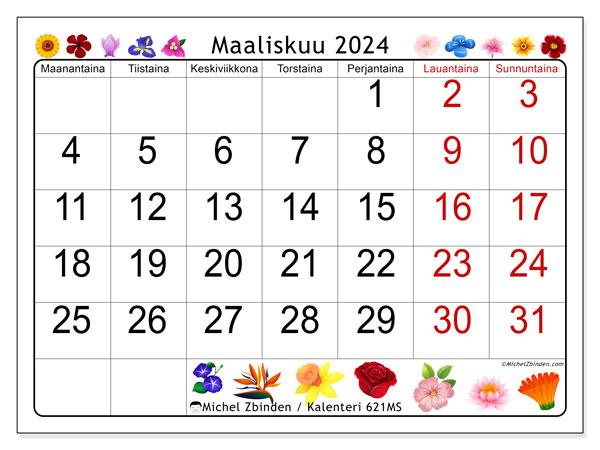 Kalenteri maaliskuu 2024, 621MS. Ilmainen tulostettava aikataulu.