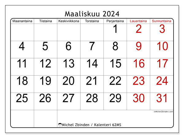 Kalenteri maaliskuu 2024 “62”. Ilmainen tulostettava aikataulu.. Maanantaista sunnuntaihin