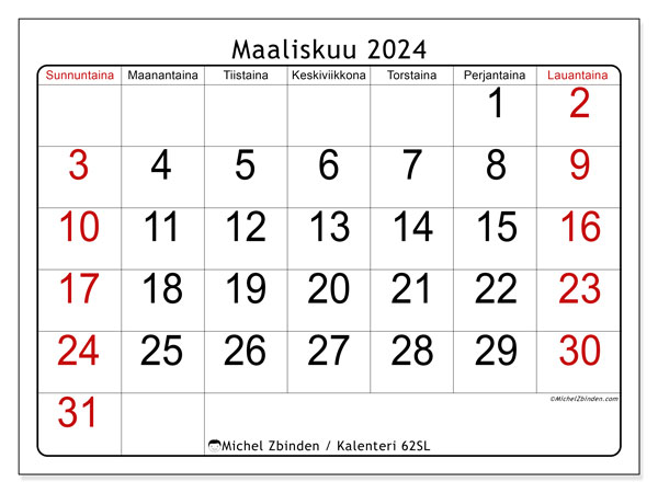 Kalenteri maaliskuu 2024 “62”. Ilmainen tulostettava aikataulu.. Sunnuntaista lauantaihin