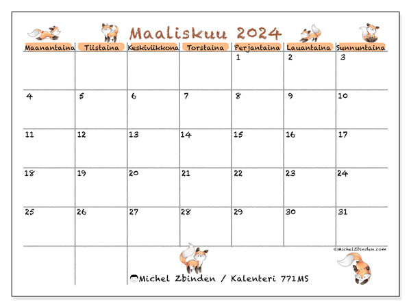 Kalenteri maaliskuu 2024, 771MS. Ilmainen tulostettava aikataulu.