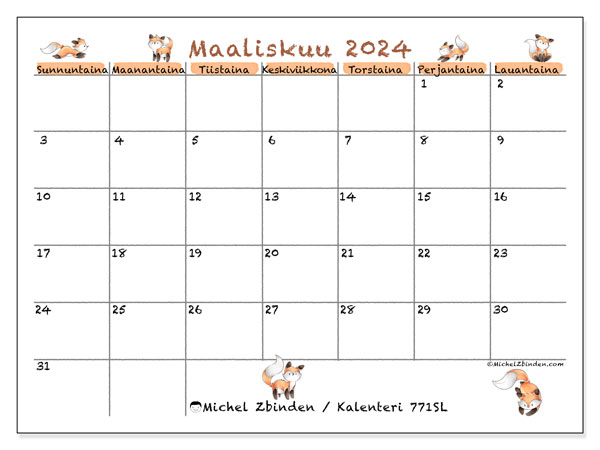 Kalenteri maaliskuu 2024 “771”. Ilmainen tulostettava lehti.. Sunnuntaista lauantaihin