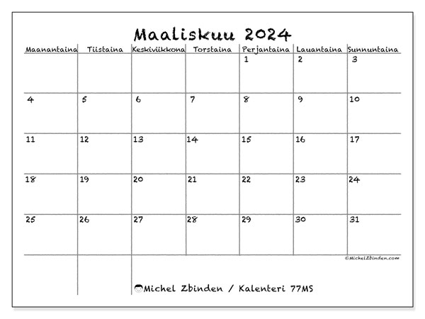 Kalenteri maaliskuu 2024, 77SL. Ilmainen tulostettava aikataulu.