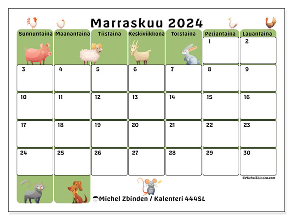 Kalenteri marraskuu 2024 “444”. Ilmainen tulostettava kalenteri.. Sunnuntaista lauantaihin