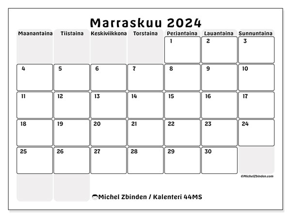 Kalenteri marraskuu 2024 “44”. Ilmainen tulostettava ohjelma.. Maanantaista sunnuntaihin