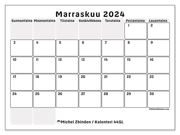 Kalenteri marraskuu 2024 “44”. Ilmainen tulostettava ohjelma.. Sunnuntaista lauantaihin