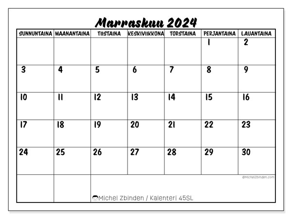 Kalenteri marraskuu 2024 “45”. Ilmainen tulostettava aikataulu.. Sunnuntaista lauantaihin