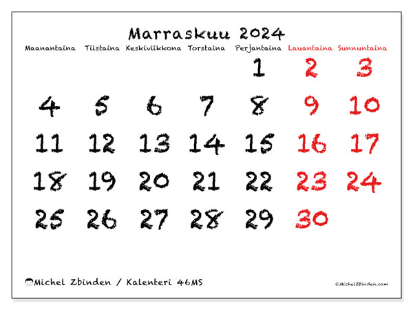 Kalenteri marraskuu 2024 “46”. Ilmainen tulostettava kartta.. Maanantaista sunnuntaihin