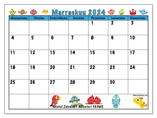 Kalenteri marraskuu 2024 “483”. Ilmainen tulostettava aikataulu.. Maanantaista sunnuntaihin