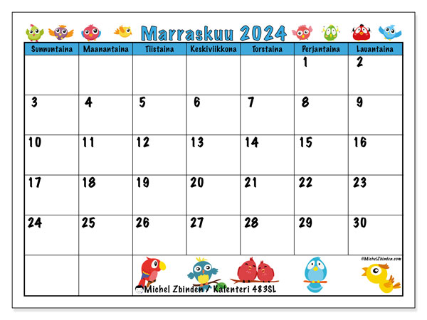 Kalenteri marraskuu 2024 “483”. Ilmainen tulostettava aikataulu.. Sunnuntaista lauantaihin