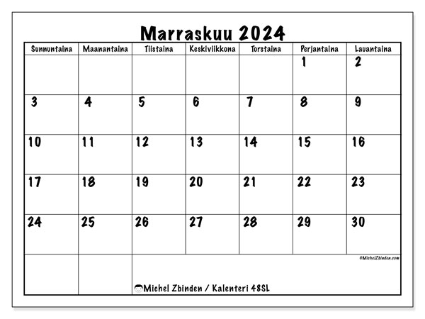 Kalenteri marraskuu 2024 “48”. Ilmainen tulostettava kalenteri.. Sunnuntaista lauantaihin