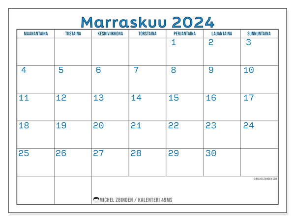 Kalenteri marraskuu 2024 “49”. Ilmainen tulostettava kalenteri.. Maanantaista sunnuntaihin