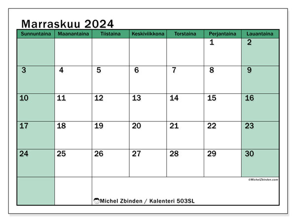 Kalenteri marraskuu 2024 “503”. Ilmainen tulostettava lehti.. Sunnuntaista lauantaihin