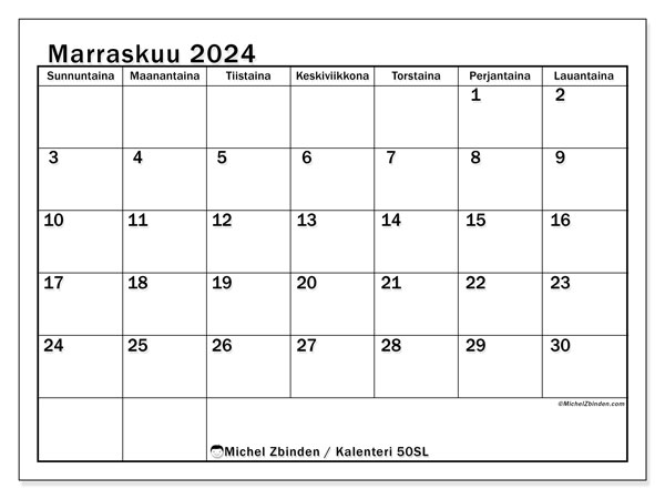 Tulostettava kalenteri, marraskuu 2024, 50SL
