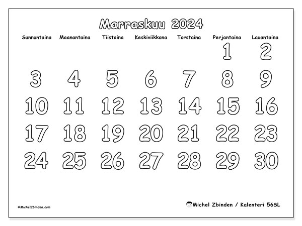Kalenteri marraskuu 2024 “56”. Ilmainen tulostettava aikataulu.. Sunnuntaista lauantaihin