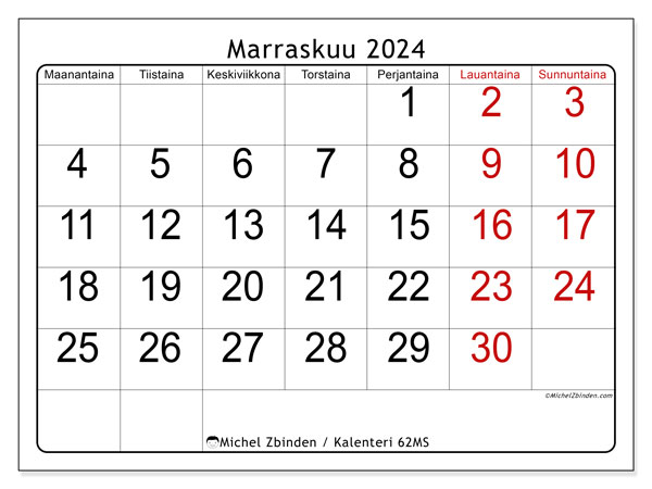 Kalenteri marraskuu 2024 “62”. Ilmainen tulostettava ohjelma.. Maanantaista sunnuntaihin