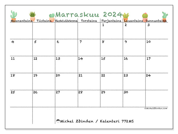 Kalenteri marraskuu 2024 “772”. Ilmainen tulostettava kalenteri.. Maanantaista sunnuntaihin