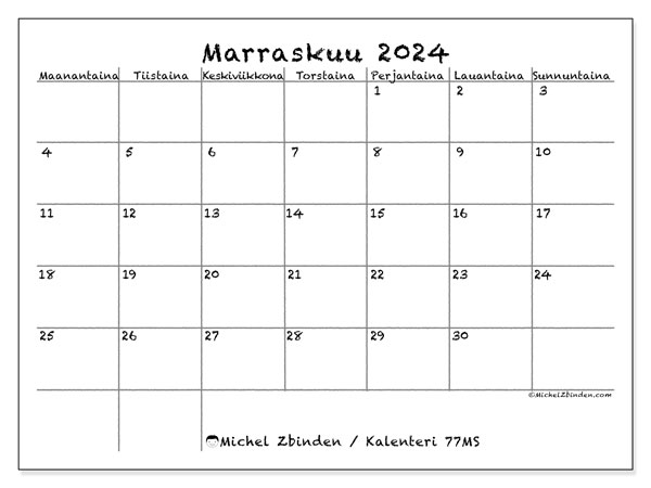 Kalenteri marraskuu 2024 “77”. Ilmainen tulostettava kalenteri.. Maanantaista sunnuntaihin