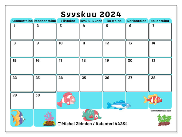 Kalenteri syyskuu 2024 “442”. Ilmainen tulostettava aikataulu.. Sunnuntaista lauantaihin
