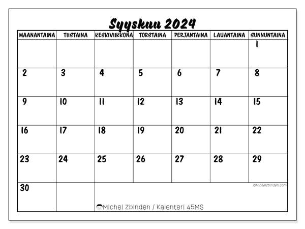 Kalenteri syyskuu 2024 “45”. Ilmainen tulostettava lehti.. Maanantaista sunnuntaihin