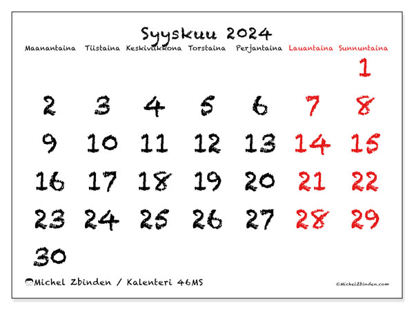 Kalenteri syyskuu 2024 “46”. Ilmainen tulostettava aikataulu.. Maanantaista sunnuntaihin