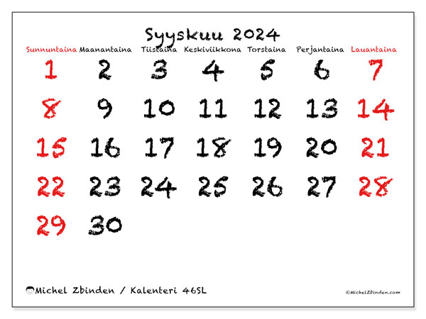 Kalenteri syyskuu 2024 “46”. Ilmainen tulostettava aikataulu.. Sunnuntaista lauantaihin