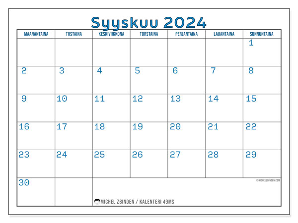Kalenteri syyskuu 2024 “49”. Ilmainen tulostettava kalenteri.. Maanantaista sunnuntaihin