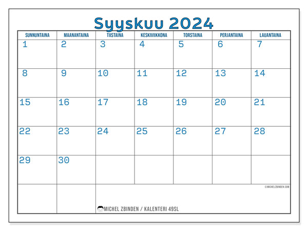 Tulostettava kalenteri, syyskuu 2024, 49SL