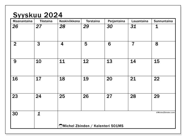 Kalenteri syyskuu 2024 “501”. Ilmainen tulostettava ohjelma.. Maanantaista sunnuntaihin