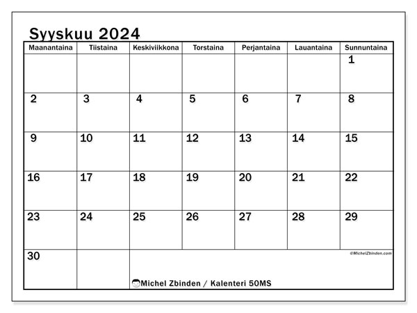 Kalenteri syyskuu 2024 “50”. Ilmainen tulostettava lehti.. Maanantaista sunnuntaihin