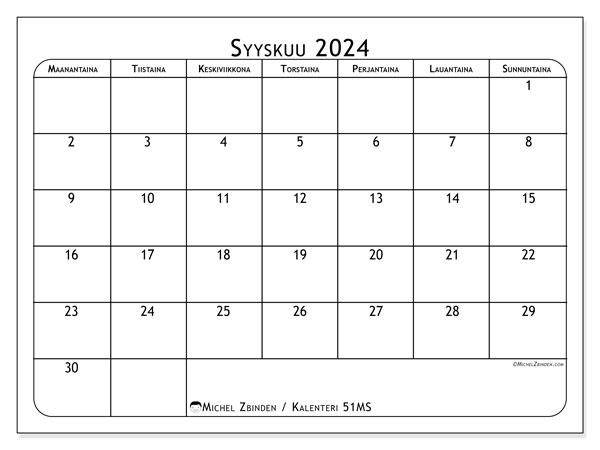 Kalenteri syyskuu 2024 “51”. Ilmainen tulostettava kartta.. Maanantaista sunnuntaihin
