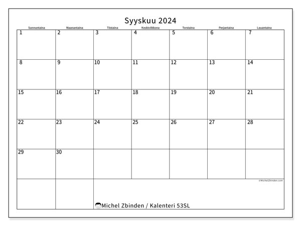 Kalenteri syyskuu 2024 “53”. Ilmainen tulostettava aikataulu.. Sunnuntaista lauantaihin