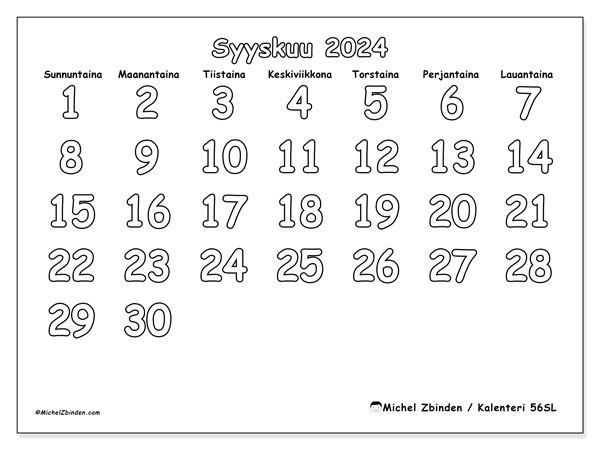 Kalenteri syyskuu 2024 “56”. Ilmainen tulostettava aikataulu.. Sunnuntaista lauantaihin