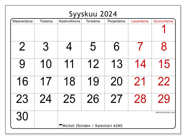 Kalenteri syyskuu 2024 “62”. Ilmainen tulostettava kartta.. Maanantaista sunnuntaihin