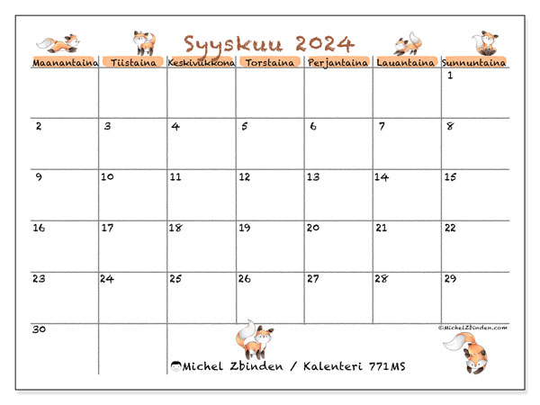 Kalenteri syyskuu 2024 “771”. Ilmainen tulostettava kartta.. Maanantaista sunnuntaihin