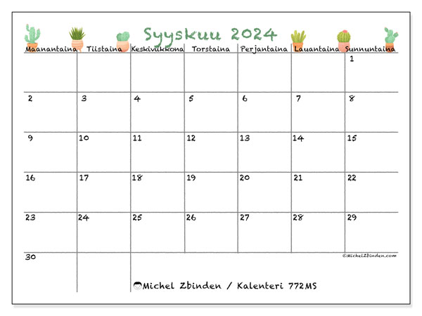 Kalenteri syyskuu 2024 “772”. Ilmainen tulostettava lehti.. Maanantaista sunnuntaihin