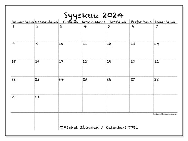 Tulostettava kalenteri, syyskuu 2024, 77SL