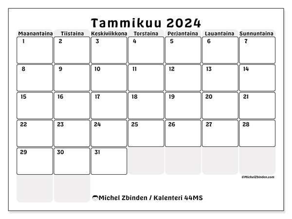 Kalenteri tammikuu 2024, 44MS. Ilmainen tulostettava ohjelma.