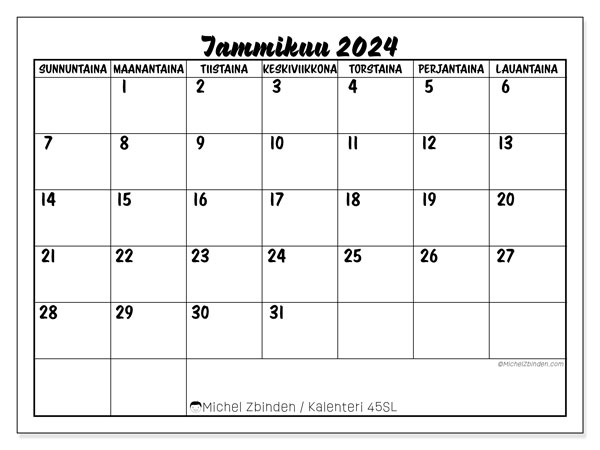 Tulostettava kalenteri, tammikuu 2024, 45SL