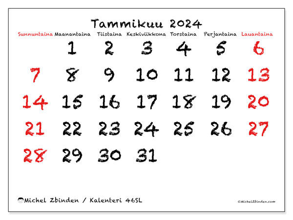 Tulostettava kalenteri, tammikuu 2024, 46SL