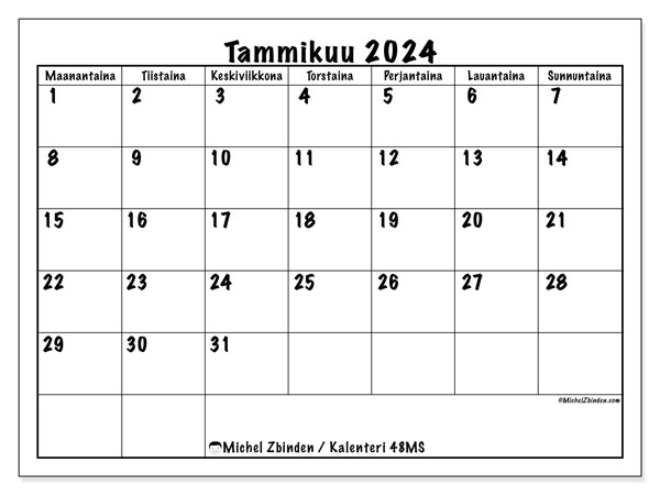 Tulostettava kalenteri, tammikuu 2024, 48MS