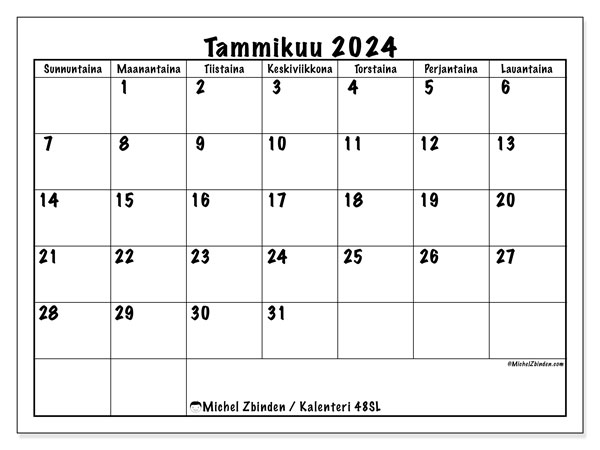 Tulostettava kalenteri, tammikuu 2024, 48SL