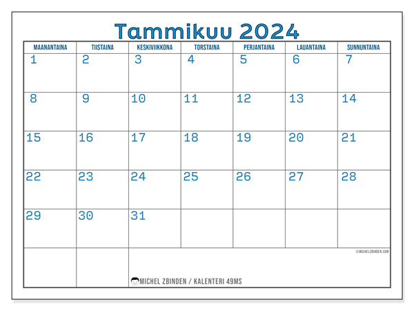 Kalenteri tammikuu 2024 “49”. Ilmainen tulostettava ohjelma.. Maanantaista sunnuntaihin