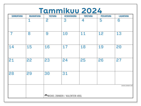 Kalenteri tammikuu 2024 “49”. Ilmainen tulostettava ohjelma.. Sunnuntaista lauantaihin