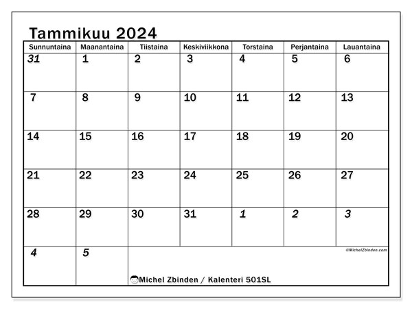 Kalenteri tammikuu 2024, 501SL. Ilmainen tulostettava kartta.