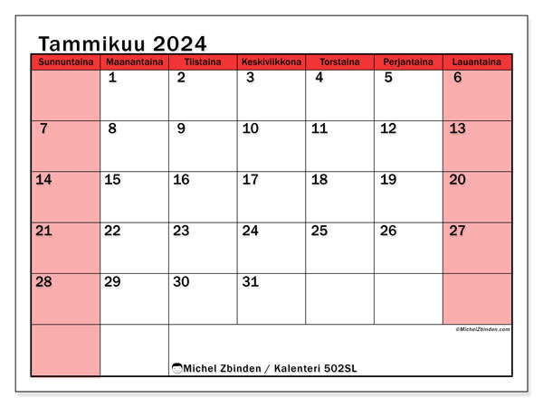 Kalenteri tammikuu 2024 “502”. Ilmainen tulostettava kalenteri.. Sunnuntaista lauantaihin