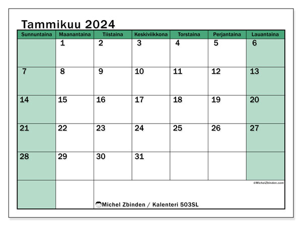 Kalenteri tammikuu 2024 “503”. Ilmainen tulostettava kartta.. Sunnuntaista lauantaihin