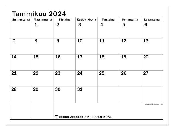 Tulostettava kalenteri, tammikuu 2024, 50SL