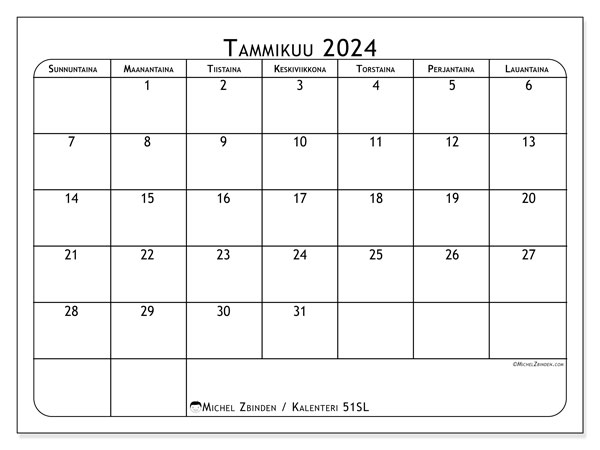 Kalenteri tammikuu 2024, 51SL. Ilmainen tulostettava kartta.