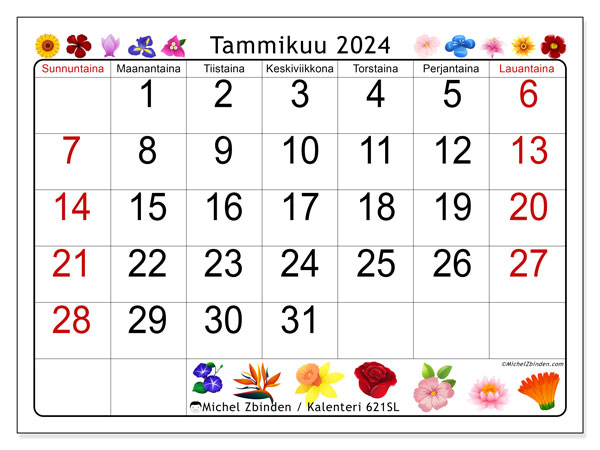 Tulostettava kalenteri, tammikuu 2024, 621SL