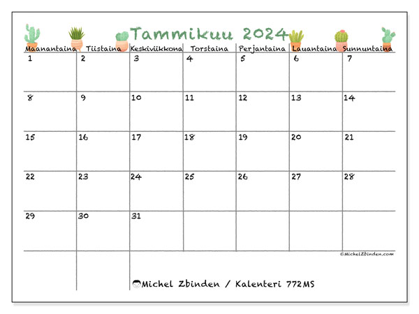 Kalenteri tammikuu 2024 “772”. Ilmainen tulostettava aikataulu.. Maanantaista sunnuntaihin